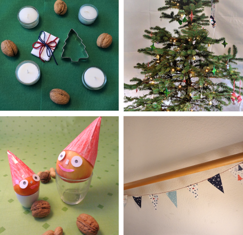 Bild aus 4 Teilbildern: Teilbild 1 4 Teelichter und Dekoration auf grünem Filz, Teilbild 2 Weihnachtsbaum, Teilbild 3 Nikoläuse aus Apfel und Mandarinen, Teilbild 4 Wimpelgirlande an einem Geländer