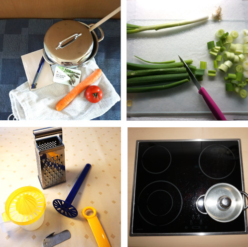 Zusammengesetztes Bild: 1. Sachen zum Kochen, 2. Schneiden von Gemüse, 3. einfache Küchengeräte, 4. Topf mit Deckel auf einem Herd