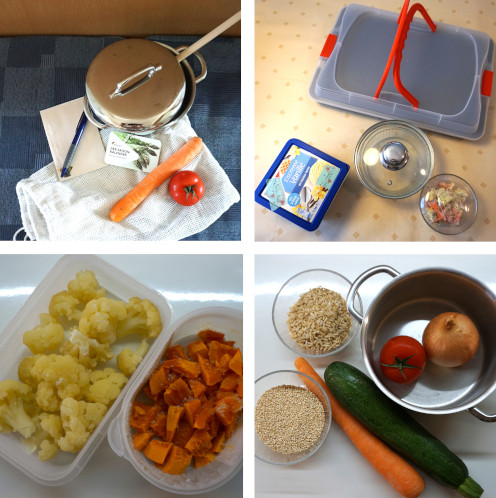 Zusammengesetztes Bild aus 4 Einzelbildern: ein Bild mit allem, was man zum Kochen braucht; ein Bild mit Gefäßen zum Aufbewahren von Resten, ein Bild mit Dosen voll Gemüseresten; ein Bild mit einem Topf, verschiedenen GEmüsen, Reis und Quinoa