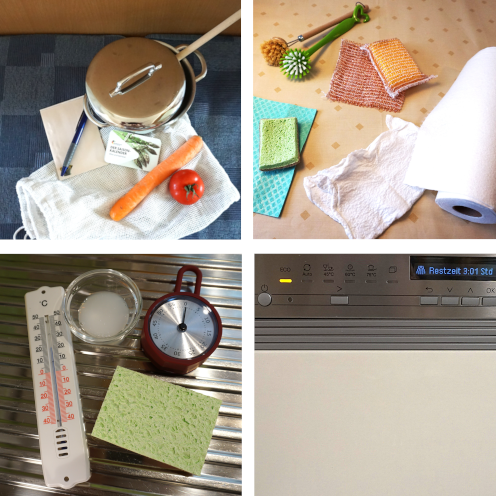 Bild mit 4 Teilbildern: 1. Bild: Topf mit allem, was man zum Kochen und saubermachen braucht, 2. Bild mit Spül- und Putzlappen, 3. Bild mit einem Thermometer, Spülmittel, Kurzzeitwecker, Spülschwamm