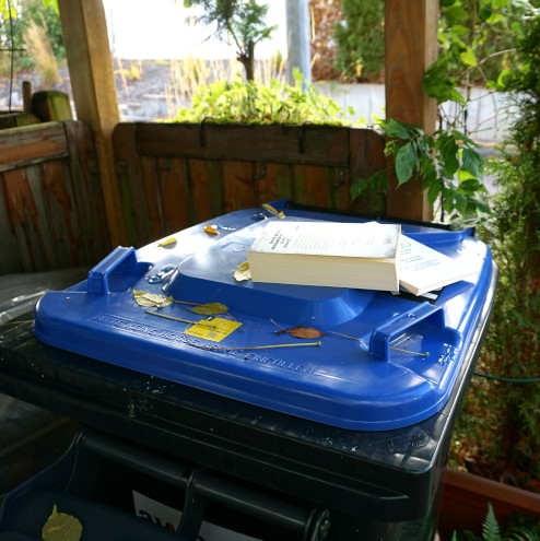 Auf dem Deckel von einer Mülltonne für Papier liegen 2 Bücher