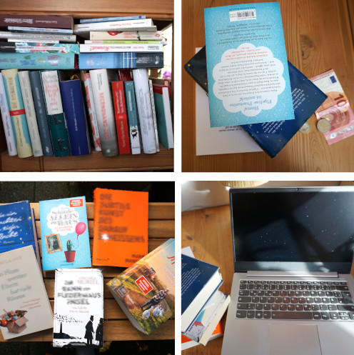 Bild aus 4 Teilbildern, Teilbild 1 übervolles Fach im Bücherregal, Teilbild 2 kleiner Bücherstapel mit Geld daneben, Teilbild 3 Bücher ausgebreitet auf einem Tisch zum verkaufen, Teilbild 4 Bücher mit einem aufgeklappten Laptop daneben
